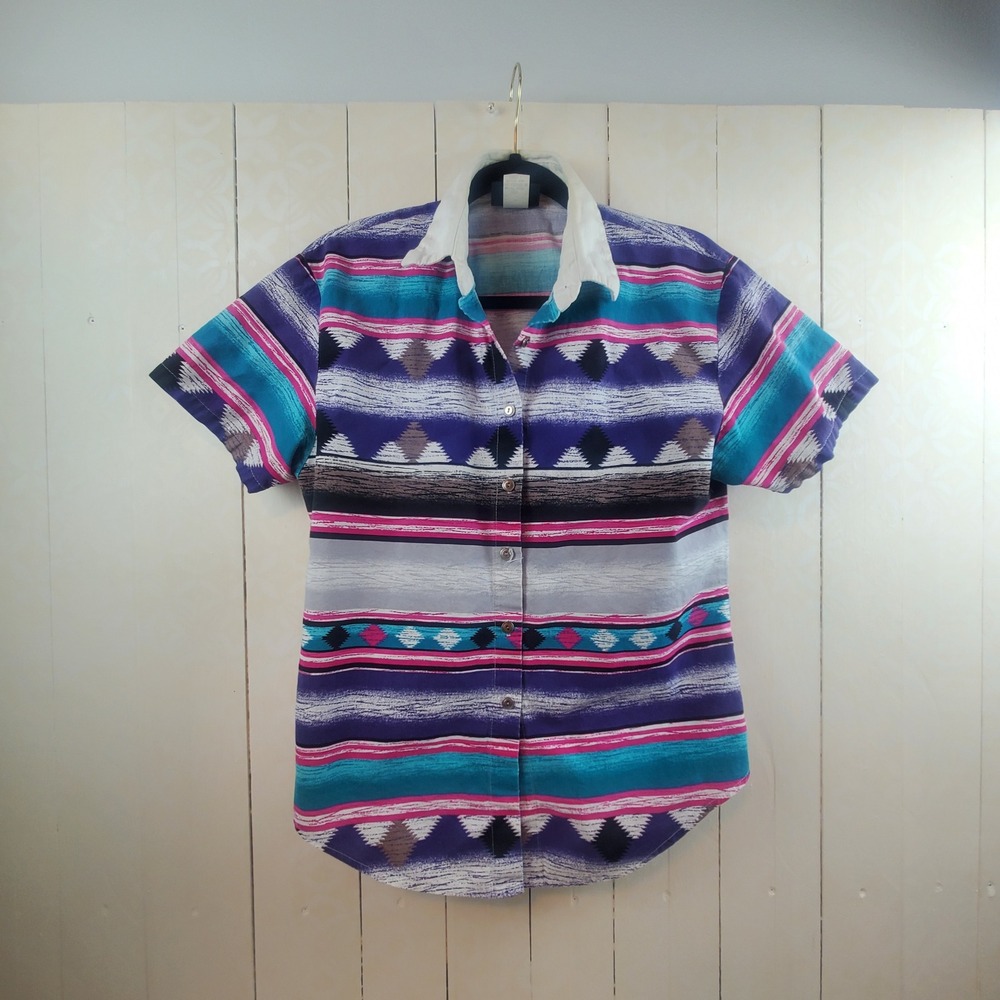 Roughrider by Circle T Southwestern Geometric Shirt Purple Pink Teal Medium